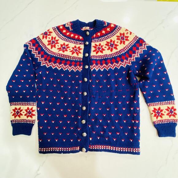 Vintage Lanz Salzburg Sweater Womens Large Knit Blue Fair Isle Cardigan Austria - Picture 1 of 7